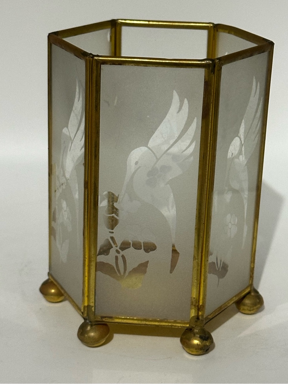 Vintage Brass-Trim Glass Hummingbird Accent candle holder in original box